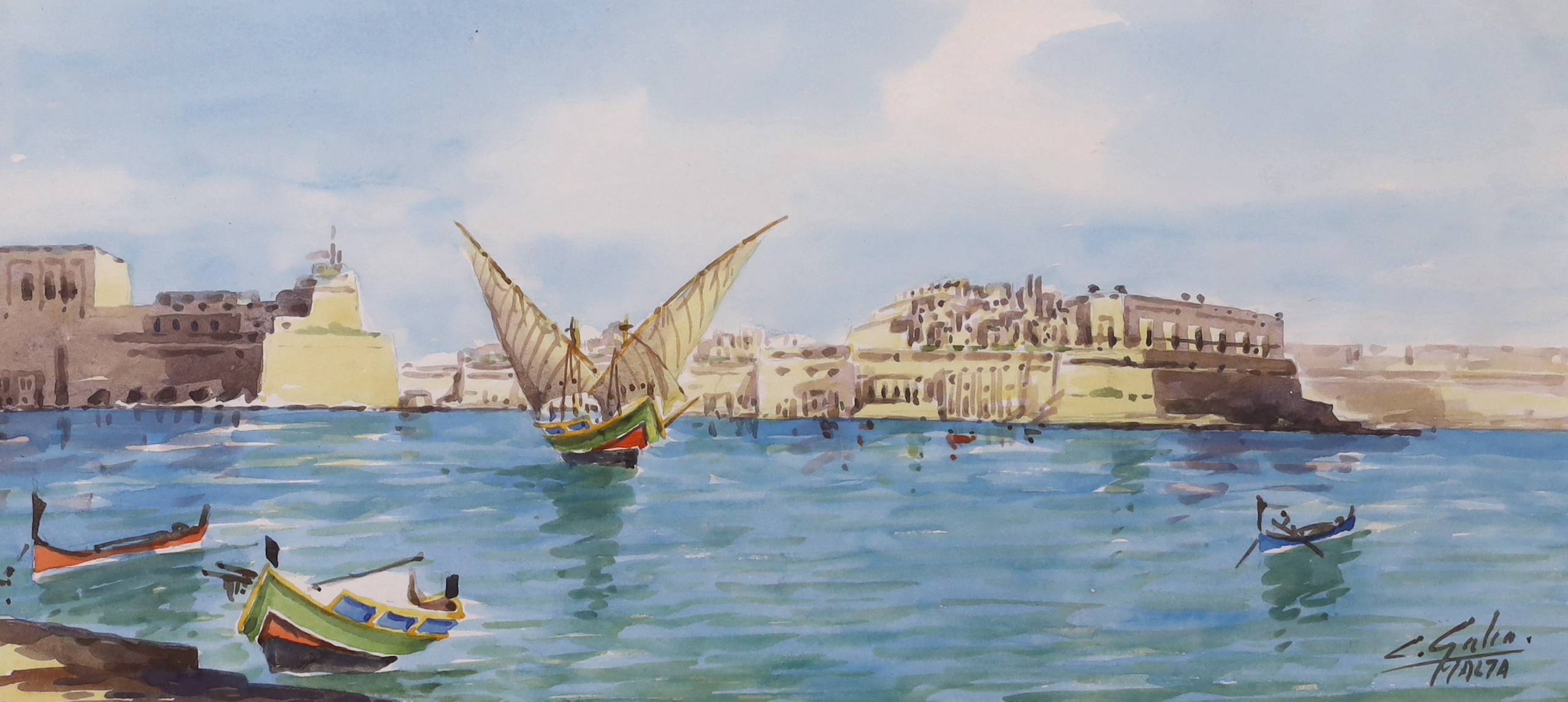 Galea, watercolour, Entrance of Grand Harbour, Malta, signed, 16 x 34cm